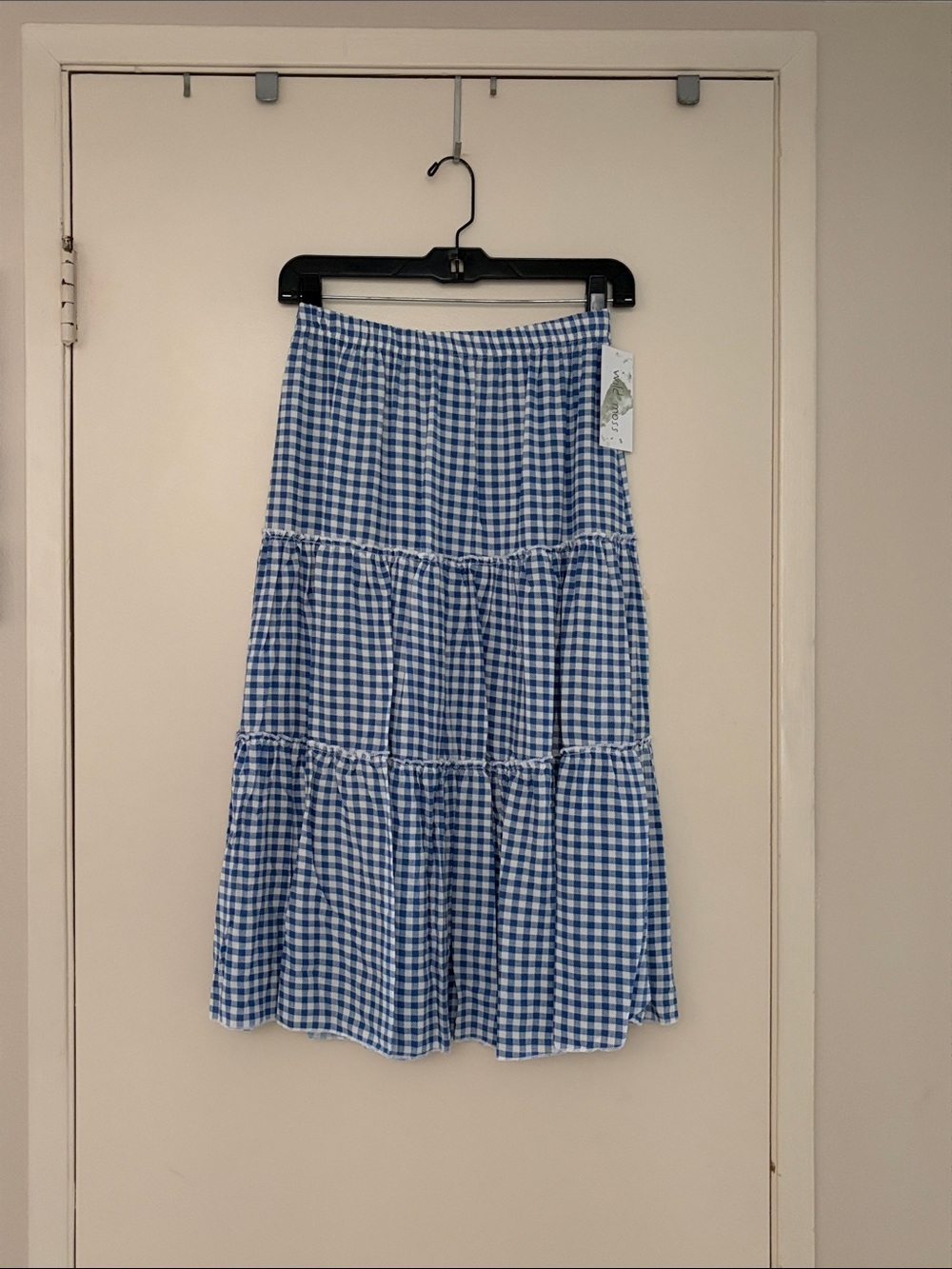 Blue Gingham 3-Tiered Midi Skirt! Poly/Cotton! New! Medium
